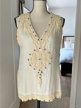 Tory Burch Beaded Linen Tunic Top Cream Sleeveless Boho Embellished Size S/M